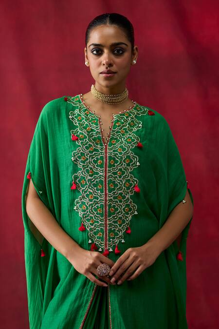Buy_Shikha Mehta_Green Silk Satin Split V-neck Grisha Embroidered Cape Top With Skirt _Online_at_Aza_Fashions