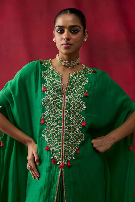 Shop_Shikha Mehta_Green Silk Satin Split V-neck Grisha Embroidered Cape Top With Skirt _Online_at_Aza_Fashions