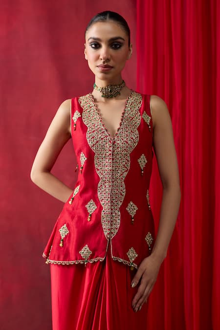 Buy_Shikha Mehta_Red Chanderi , Satin Embroidery, Beads V-neck Farah Jacket With Skirt _Online_at_Aza_Fashions