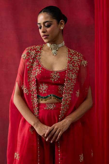 Buy_Shikha Mehta_Red Chanderi Silk Embroidery, Sequins Open , Round Mishka Cape Set _Online_at_Aza_Fashions