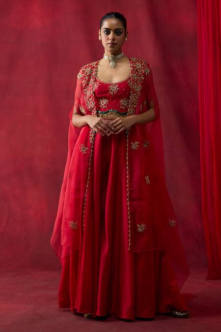 Shop_Shikha Mehta_Red Chanderi Silk Embroidery, Sequins Open , Round Mishka Cape Set _Online_at_Aza_Fashions