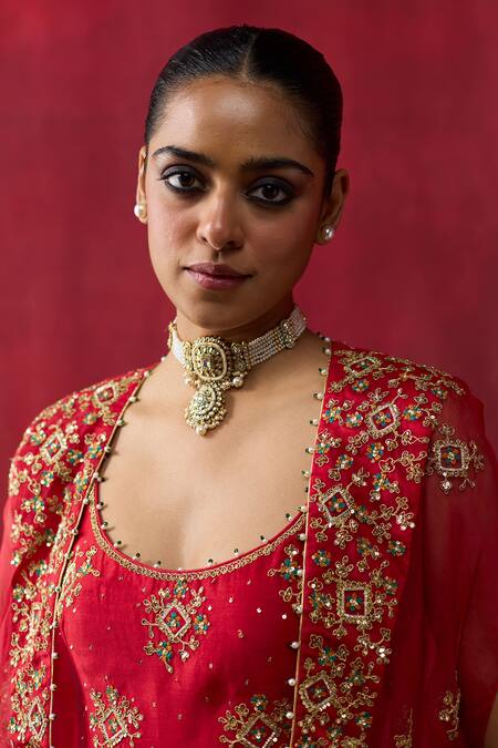 Shikha Mehta_Red Chanderi Silk Embroidery, Sequins Open , Round Mishka Cape Set _at_Aza_Fashions