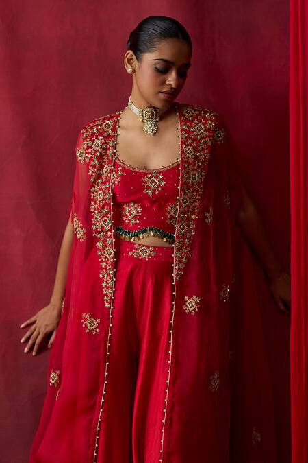 Buy_Shikha Mehta_Red Chanderi Silk Embroidery, Sequins Open , Round Mishka Cape Set 