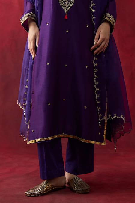 Shikha Mehta_Purple Chanderi , Organza Embroidery, Beads, Sequins, Swara Kurta Set _Online_at_Aza_Fashions
