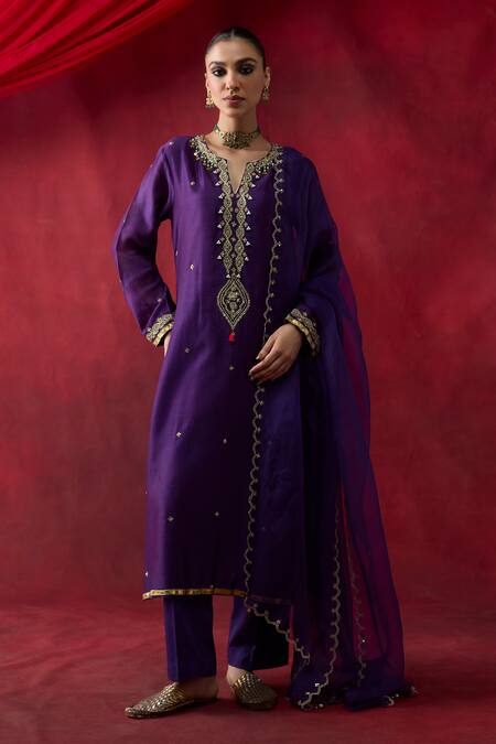 Buy_Shikha Mehta_Purple Chanderi , Organza Embroidery, Beads, Sequins, Swara Kurta Set _Online_at_Aza_Fashions