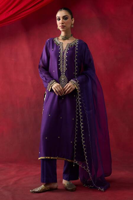 Shop_Shikha Mehta_Purple Chanderi , Organza Embroidery, Beads, Sequins, Swara Kurta Set _Online_at_Aza_Fashions