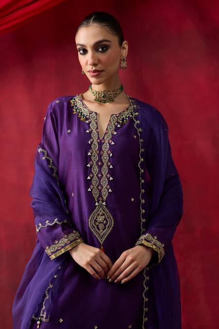 Shikha Mehta_Purple Chanderi , Organza Embroidery, Beads, Sequins, Swara Kurta Set _at_Aza_Fashions