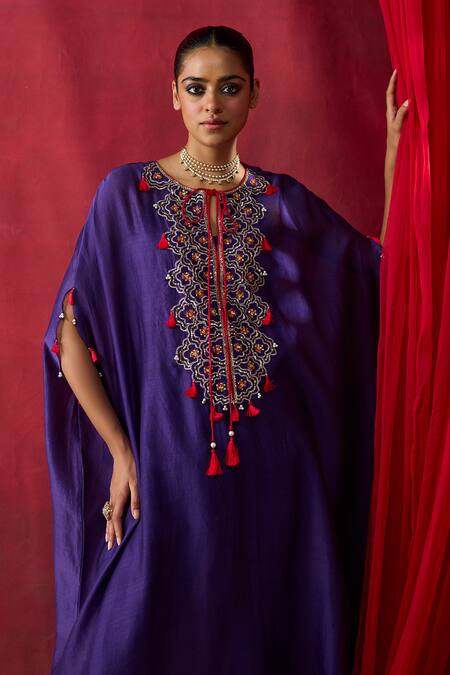 Buy Shikha Mehta Purple Chanderi Silk Embroidery, Sequins, Tassels Split V-neck Mahi Kaftan Set Online at Aza Fashions Buy_Shikha Mehta_Purple Chanderi Silk Embroidery, Sequins, Tassels Split V-neck Mahi Kaftan Set _Online_at_Aza_Fashions