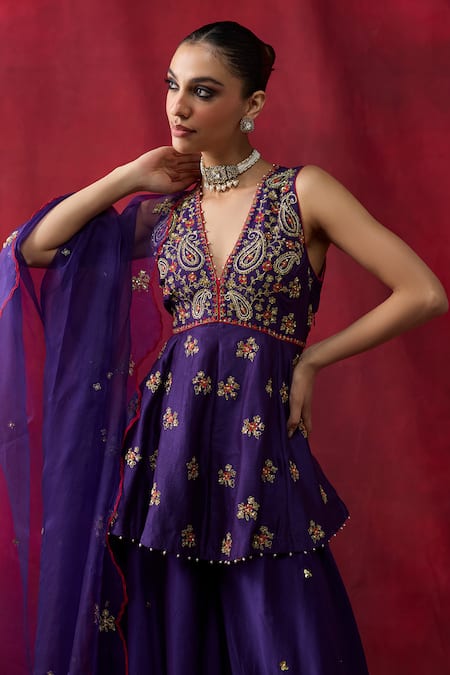 Shop_Shikha Mehta_Purple Chanderi , Organza Embroidery, Jasleen Peplum Kurta Sharara Set _Online_at_Aza_Fashions