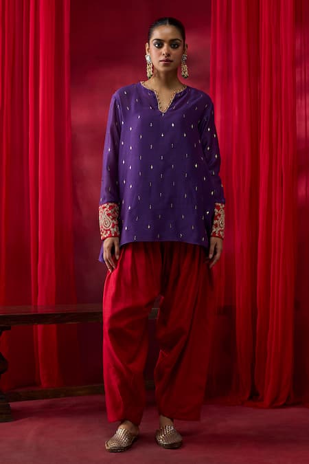 Buy_Shikha Mehta_Purple Chanderi , Embroidery, Zari Split Pranaya Top With Salwar _Online_at_Aza_Fashions