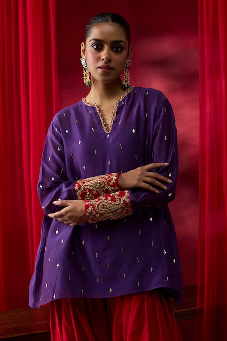Shop_Shikha Mehta_Purple Chanderi , Embroidery, Zari Split Pranaya Top With Salwar _Online_at_Aza_Fashions