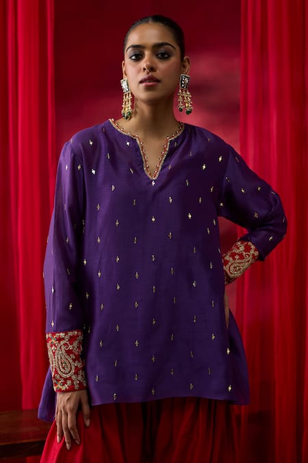 Buy_Shikha Mehta_Purple Chanderi , Embroidery, Zari Split Pranaya Top With Salwar 