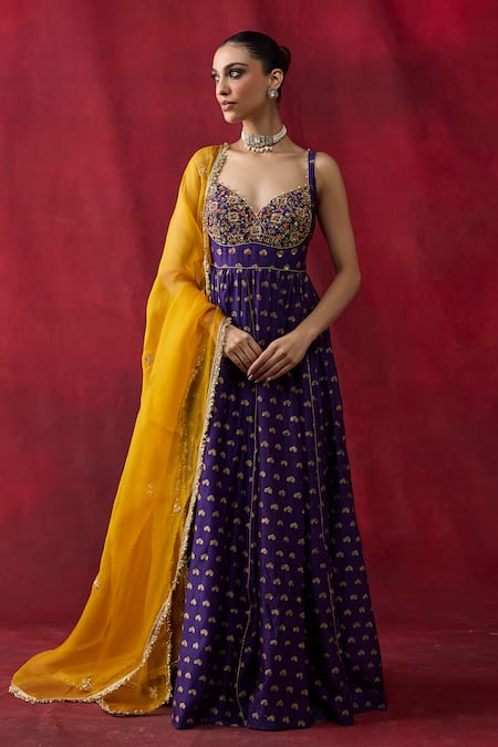 Shikha Mehta_Purple Chanderi , Organza Embroidery, Beads, Gota Eshani Anarkali Set _Online_at_Aza_Fashions