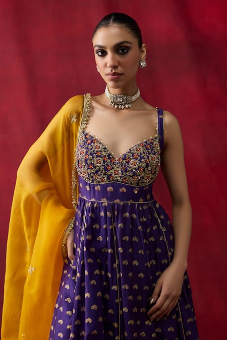 Buy_Shikha Mehta_Purple Chanderi , Organza Embroidery, Beads, Gota Eshani Anarkali Set _Online_at_Aza_Fashions