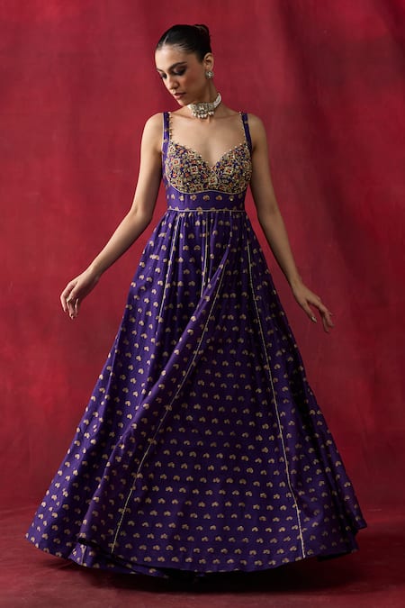 Shop_Shikha Mehta_Purple Chanderi , Organza Embroidery, Beads, Gota Eshani Anarkali Set _Online_at_Aza_Fashions