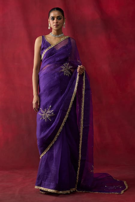 Shikha Mehta_Purple Organza, Chanderi Embroidery, Metallic Reha Saree With Blouse _Online_at_Aza_Fashions