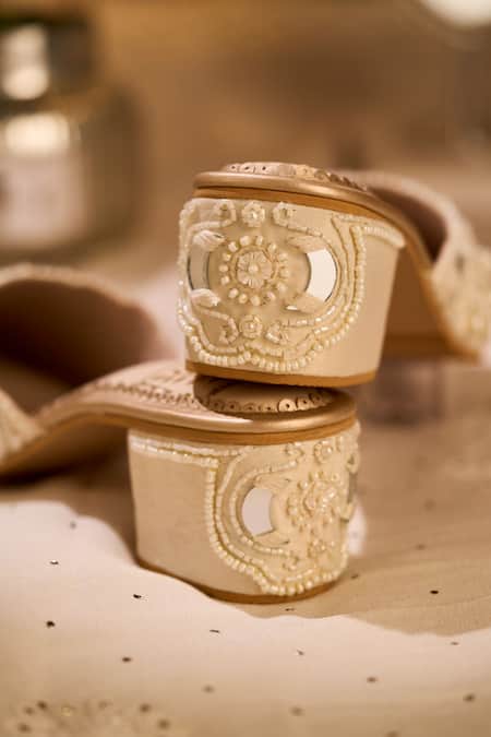 House Of Vian_Cream Pearls, Mirrors, Beads Chandrika Embellished Mule Heels _Online_at_Aza_Fashions