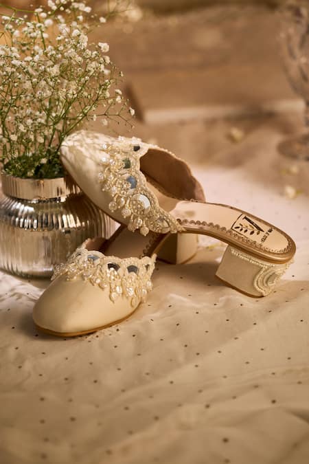 Buy_House Of Vian_Cream Pearls, Mirrors, Beads Chandrika Embellished Mule Heels _Online_at_Aza_Fashions
