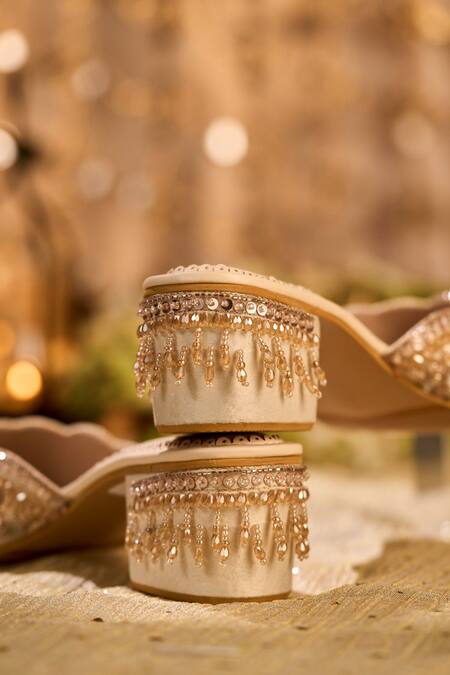 House Of Vian_Cream Embroidery, Mirrors, Sequins, Beads Shabnam Hand Mule Heels _Online_at_Aza_Fashions