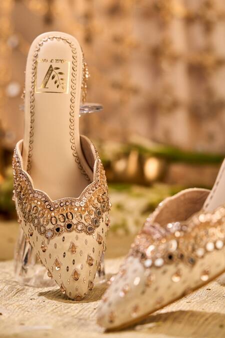 Buy_House Of Vian_Cream Embroidery, Mirrors, Sequins, Beads Shabnam Hand Mule Heels _Online_at_Aza_Fashions