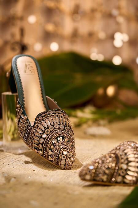 House Of Vian_Emerald Green Embroidery, Mirrors, Sequins, Beads Rabayat Work Mule Heels _Online_at_Aza_Fashions