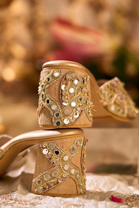House Of Vian_Gold Embroidery, Mirrors, Sequins, Beads Suroor Hand Mule Heels _Online_at_Aza_Fashions