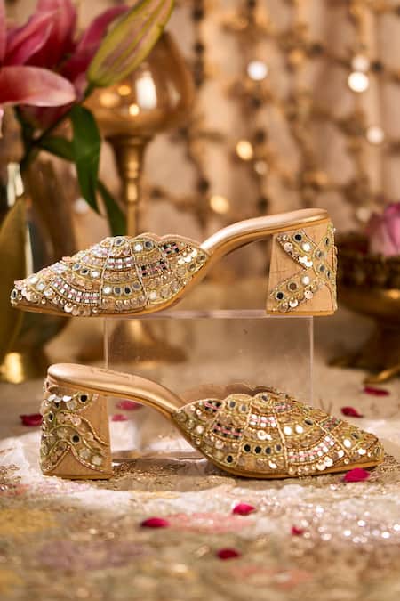 Buy_House Of Vian_Gold Embroidery, Mirrors, Sequins, Beads Suroor Hand Mule Heels _Online_at_Aza_Fashions