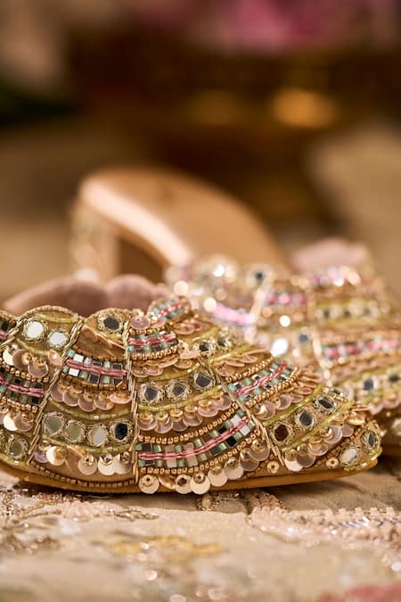 Shop_House Of Vian_Gold Embroidery, Mirrors, Sequins, Beads Suroor Hand Mule Heels _Online_at_Aza_Fashions