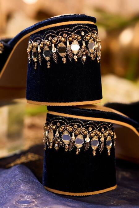 House Of Vian Navy Sequins, Mirrors, Zari, Beads Falak Embellished Mule Heels at Aza Fashions House Of Vian_Navy Sequins, Mirrors, Zari, Beads Falak Embellished Mule Heels _at_Aza_Fashions