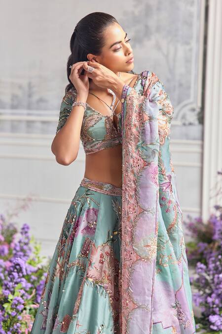 Buy_Mahima Mahajan_Green Silk Organza Embroidery, Sequins, Niara Floral Lehenga Set With Dupatta _Online_at_Aza_Fashions