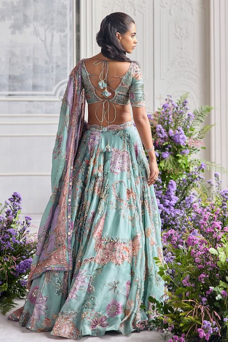 Shop_Mahima Mahajan_Green Silk Organza Embroidery, Sequins, Niara Floral Lehenga Set With Dupatta _at_Aza_Fashions