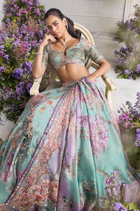 Shop_Mahima Mahajan_Green Silk Organza Embroidery, Sequins, Niara Floral Lehenga Set With Dupatta _Online_at_Aza_Fashions