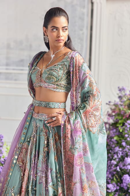 Shop_Mahima Mahajan_Green Silk Organza Embroidery, Niara Lehenga Set With Two Dupattas And Belt _at_Aza_Fashions