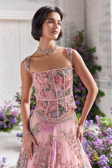 Mahima Mahajan_Pink Silk Organza Embroidery, Sequins, Izel Corset Lehenga Set With Dupatta _Online_at_Aza_Fashions