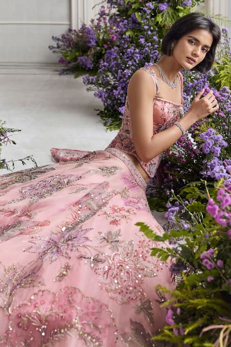 Shop_Mahima Mahajan_Pink Silk Organza Embroidery, Sequins, Izel Corset Lehenga Set With Dupatta _Online_at_Aza_Fashions