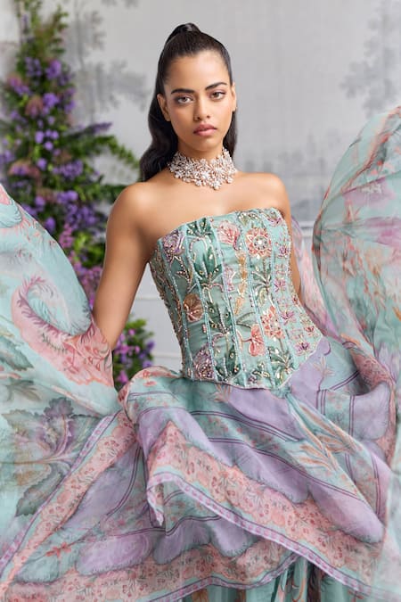 Buy_Mahima Mahajan_Green Silk Organza Beads, Sequins, Shakira Corset And Printed Lehenga Set _Online_at_Aza_Fashions