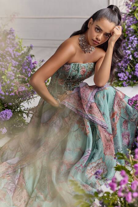 Shop_Mahima Mahajan_Green Silk Organza Beads, Sequins, Shakira Corset And Printed Lehenga Set _Online_at_Aza_Fashions
