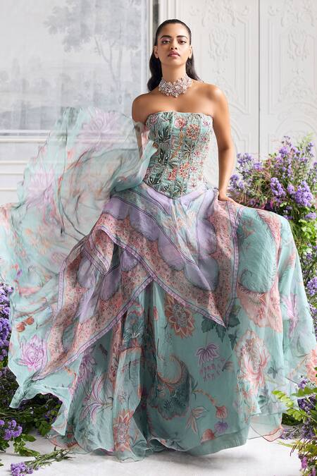 Mahima Mahajan_Green Silk Organza Beads, Sequins, Shakira Corset And Printed Lehenga Set _at_Aza_Fashions