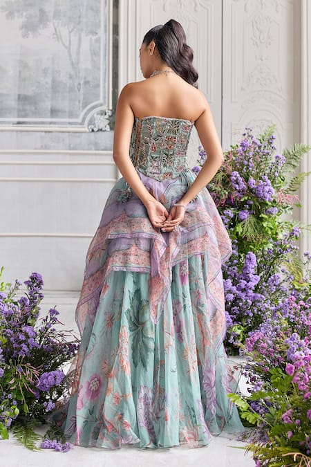 Shop_Mahima Mahajan_Green Silk Organza Beads, Sequins, Shakira Corset And Printed Lehenga Set _at_Aza_Fashions