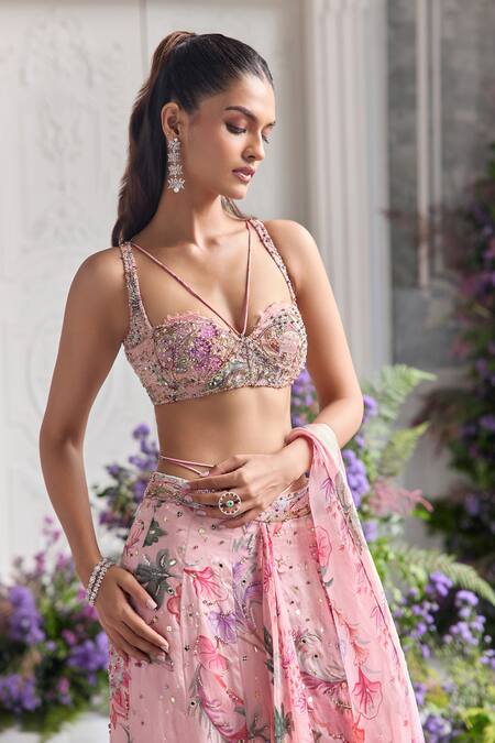 Shop_Mahima Mahajan_Pink Silk Organza Sequins, Amani Floral Draped Lehenga Saree And Padded Blouse _Online_at_Aza_Fashions