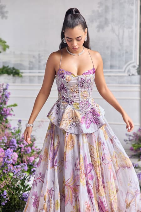 Mahima Mahajan Lilac Silk Organza Sequins, Beads, Aira Floral Printed Peplum Corset Lehenga Set Online at Aza Fashions Mahima Mahajan_Lilac Silk Organza Sequins, Beads, Aira Floral Printed Peplum Corset Lehenga Set _Online_at_Aza_Fashions