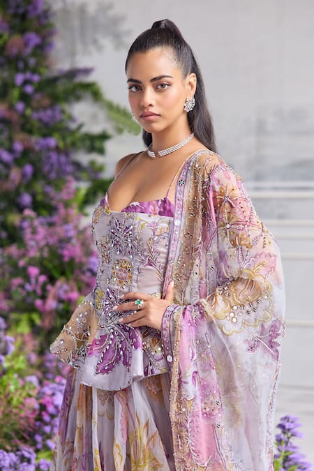 Buy Mahima Mahajan Lilac Silk Organza Sequins, Beads, Aira Floral Printed Peplum Corset Lehenga Set Online at Aza Fashions Buy_Mahima Mahajan_Lilac Silk Organza Sequins, Beads, Aira Floral Printed Peplum Corset Lehenga Set _Online_at_Aza_Fashions