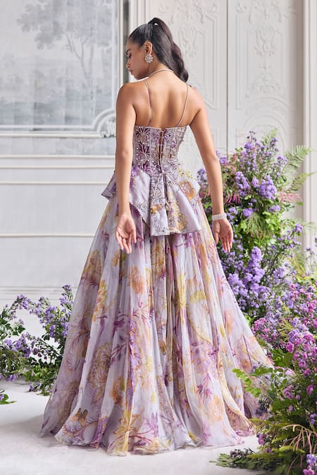 Shop Mahima Mahajan Lilac Silk Organza Sequins, Beads, Aira Floral Printed Peplum Corset Lehenga Set at Aza Fashions Shop_Mahima Mahajan_Lilac Silk Organza Sequins, Beads, Aira Floral Printed Peplum Corset Lehenga Set _at_Aza_Fashions