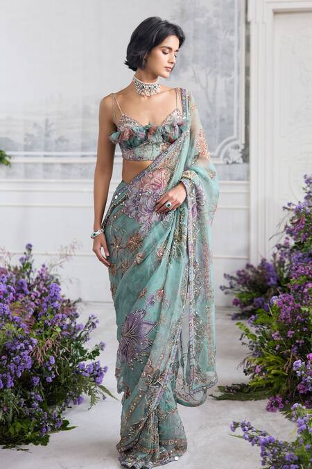 Buy_Mahima Mahajan_Green Silk Organza Embroidery, Ishika Floral Pre-draped Saree And Padded Blouse _Online_at_Aza_Fashions