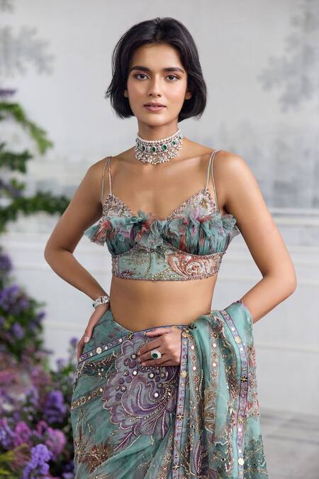 Shop_Mahima Mahajan_Green Silk Organza Embroidery, Ishika Floral Pre-draped Saree And Padded Blouse _Online_at_Aza_Fashions