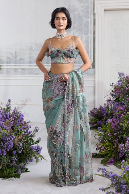 Buy_Mahima Mahajan_Green Silk Organza Embroidery, Ishika Floral Pre-draped Saree And Padded Blouse 