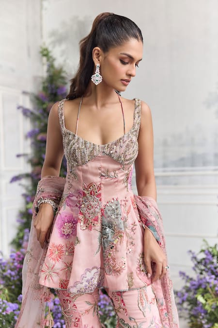 Mahima Mahajan_Pink Silk Organza Beads, Sequins, Embroidery, Metallic Irha Peplum Kurta Set _Online_at_Aza_Fashions