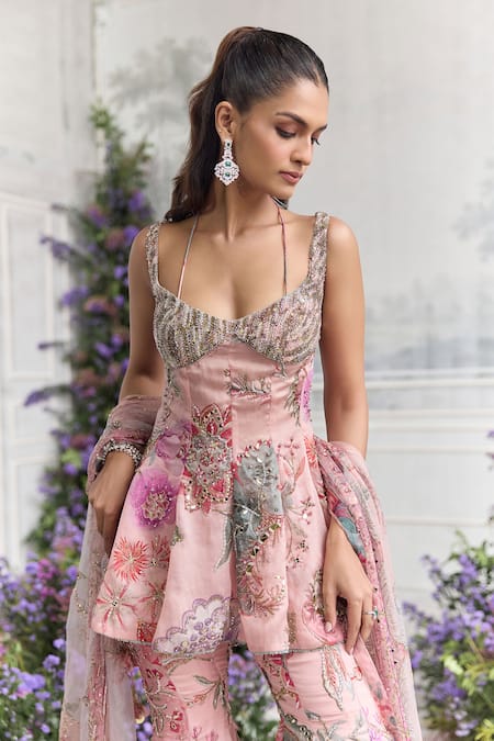 Buy_Mahima Mahajan_Pink Silk Organza Beads, Sequins, Embroidery, Metallic Irha Peplum Kurta Set _Online_at_Aza_Fashions