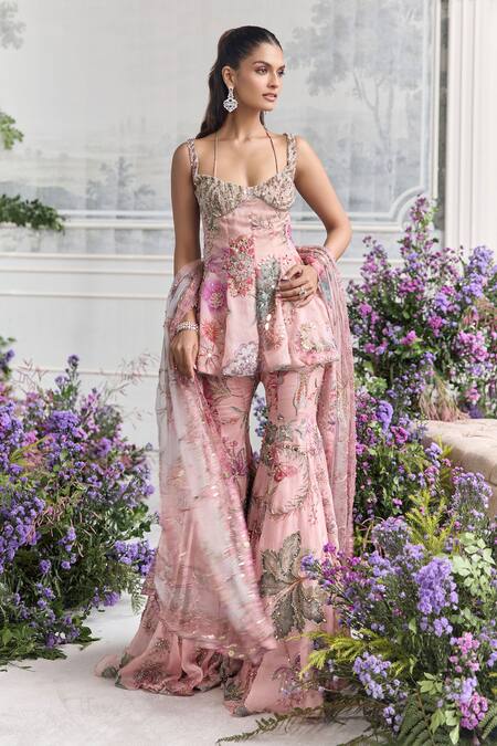 Mahima Mahajan_Pink Silk Organza Beads, Sequins, Embroidery, Metallic Irha Peplum Kurta Set _at_Aza_Fashions