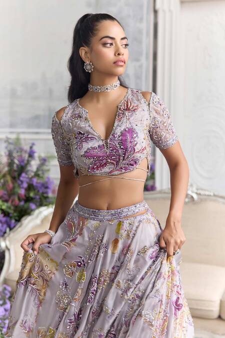 Mahima Mahajan_Lilac Silk Organza Sequins, Beads, Embroidery, Zaira Floral Lehenga Blouse Set _Online_at_Aza_Fashions